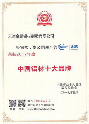 金鹏铝材连续获评“中国铝材十大品牌”，品牌实力再获权威认证
